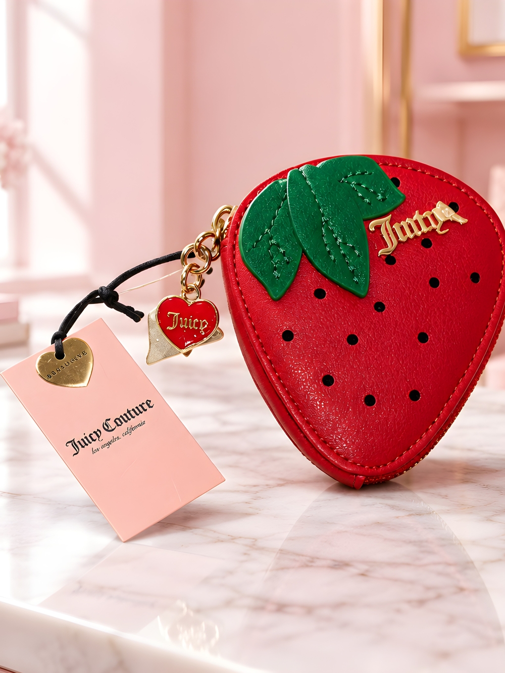 Juicy Couture Red Strawberry Mini Bag with Green Leaf Accent and Gold Charm